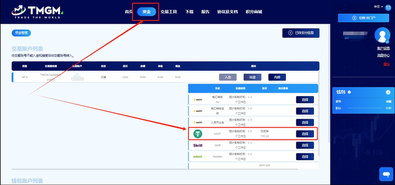 TMGM USDT入金教程
